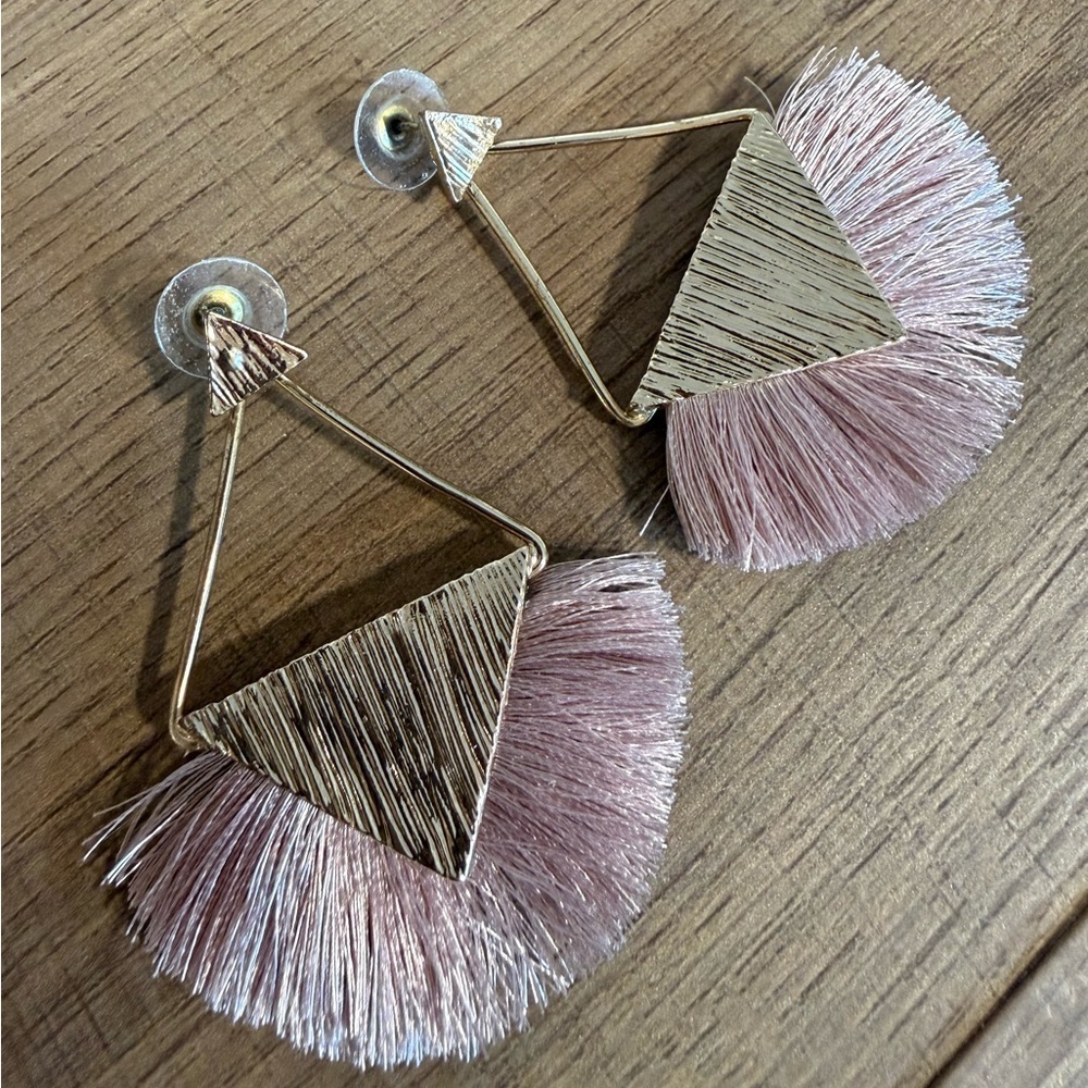 Gold & Blush Pink Geometric Tassel Statement Earrings - Picture 2 of 3